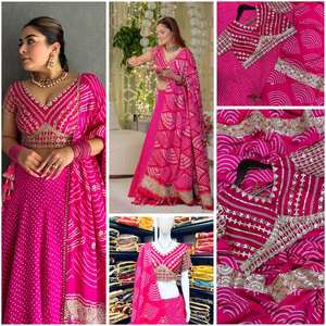 Lehenga Choli en soie de maslin rose de haute qualité avec chemisier brodé Banglori lourd et Dupatta pour les fêtes et les mariages - Product Image 6
