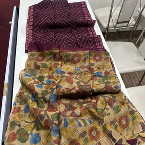 Saree numérique en lin imprimé Kalamkari avec Bandhani Pallu et glands fantaisie Saree complet de style ethnique et chemisier pour les fêtes - Product Image 1