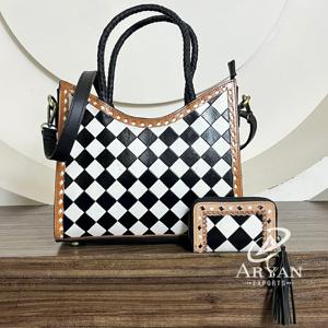 Sac à main bandoulière en cuir fait main à carreaux tendance pour femmes 2025 et mini porte-cartes Ensemble assorti élégant 2 pièces - Product Image 1