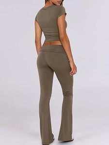 Ropa de verano para mujer, ropa de salón amigable para chicas altas, conjunto de mujer de manga corta personalizada con pantalones acampanados, conjunto de salón de 2 piezas para mujer - Product Image 4