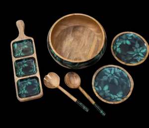 Saladier en bois de haute qualité avec accessoires de cuisine en émail imprimé feuille ou cadeau décoratif décoration de table mariage - Product Image 3