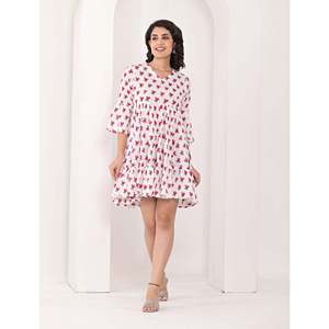 Vestido de Algodón Estampado a Bloques en Blanco y Rojo, Transpirable, Informal, para Fiestas, Tallas XS a XL, para Clubes y Uso Diario - Product Image 1