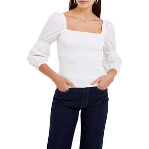 French Connection Top da donna Rosanna con maniche a sbuffo in popeline di cotone bianco - Product Image 1
