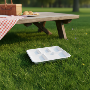 Plateau repas jetable à 5 compartiments, rectangulaire, en papier blanc, compatible micro-ondes, en bagasse naturelle - Product Image 3