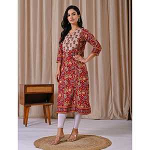 Kurti droit en coton rouge, style décontracté, pour le club ou le quotidien, respirant, imprimé Jaal, longueur au sol, design ODM - Product Image 5