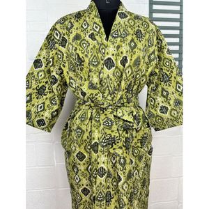 Kimono long réversible Kantha Pur pour femme, veste vert pastel, motif singe, en coton, paréo de plage - Product Image 2
