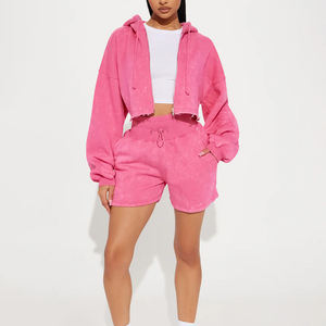 Custom Plus Size Casual <b>Zip</b>-<b>Up</b> Acid Wash Solid Cropped <b>Hoodie</b> and Shorts Set-Eco-Friendly <b>Women's</b> Two-Piece Winter Wear - Product Image 3