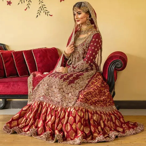 2024 mariage marron brodé soie mariée Kurta & Lehenga robe perlée avec des perles de verre en cristal & Dabka travail - Product Image 1