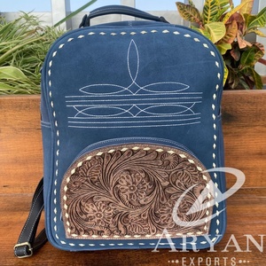 Christmas Sale 2024 Blue Suede Leather <b>Boot</b> Stitch Backpack Western Carved Leather Unisex Concealed Carry Laptop Backpacks - Product Image 1
