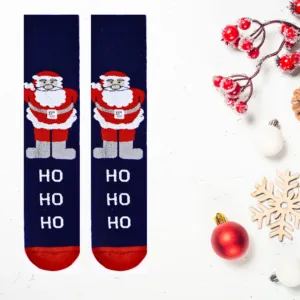 Navy Blue Santa Claus Character Breathable <b>Warm</b> Cute Jacquard Design Nylon Terry <b>Socks</b> One Fits Most for Winter Daily Use - Product Image 1