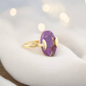 Bague en argent sterling 925 plaqué or 18 carats de créateur, faite à la main, ovale, violet, turquoise, pierre précieuse, lunette, pièce de déclaration pour - Product Image 1