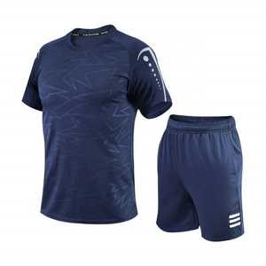 Camiseta de Fútbol Sublimada Azul para Hombre con Pantalones Cortos Negros, Cuello Redondo, Manga Corta, Absorbe la Humedad, Ropa Deportiva, Estampado Geométrico - Product Image 2