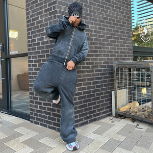 Men's 100% Cotton Hoodies and Sweatpants Set Acid Wash Oversized Full Zip Custom Heavyweight Rhinestone Style - Product Image 4
