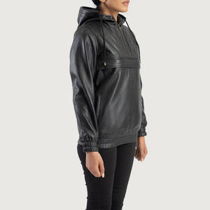 Chaqueta Bomber con Capucha de Piel de Oveja Negra Genuina para Mujer, Chaqueta de Cuero Real Suave con Media Cremallera, Prenda Exterior Nueva y Elegante - Product Image 2