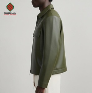 <b>Men's</b> Winter Casual <b>Trucker</b> <b>Jackets</b> Olive Green Synthetic Leather Mandarin Collar Zipper Solid - Product Image 4