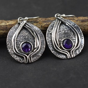Pendientes clásicos de plata de ley sólida 925, estilo bohemio, piedras preciosas de amatista, joyería hecha a mano con chapado en oro, regalo para mujer, mamá - Product Image 3