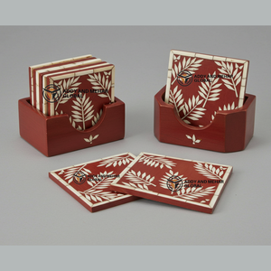 Proveedor indio ofrece posavasos con incrustaciones de hueso marrón y blanco hechos a mano con soporte posavasos con patrón floral - Product Image 1