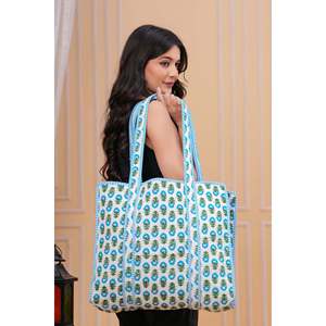 Bolso Tote de Algodón Azul Claro con Estampado Floral Hecho a Mano, Bolso de Moda con Decoración de Bordado y Letras, Abierto para Uso Diario - Product Image 2
