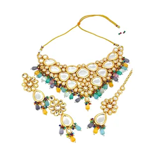 Conjunto de collar victoriano chapado en oro de 24 quilates con Kundan multicolor y Maang Tikka para bodas, joyería nupcial fina. - Product Image 5