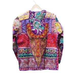 Handmade Banjara Mirror <b>Work</b> Quilted Denim Cotton Floral Autumn Winter Quick Dry V-neck Rajasthan Artistry Relaxed Fit <b>Women's</b> - Product Image 6