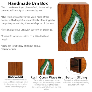 Urna de cremación de madera hecha a mano con diseño de gota de lágrima verde y blanca, caja conmemorativa única con incrustaciones de resina para cenizas - Product Image 2