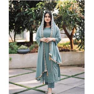Venta al por mayor de ropa india y pakistaní Fancy Faux Georgette Salwar Suit con pantalón pesado de microalgodón y Dupatta incluido - Product Image 1