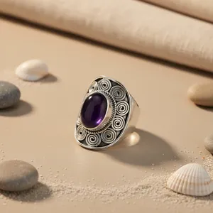 Bague de cocktail ovale en argent 925 pour femme avec pierre d'améthyste, design géométrique bohème, bijou tendance pour tous les jours - Product Image 2