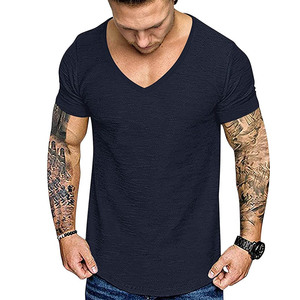 T-shirts en coton et polyester à coupe ajustée et col en V pour hommes / T-shirts en jersey à manches courtes 100% coton - Product Image 2