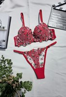 Ensemble soutien-gorge push-up à armatures brodé d'appliques florales romantiques et sexy, demi-bonnet respirant, et culotte bikini taille classique pour femme, rose