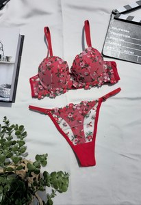 Ensemble de soutien-gorge à armatures brodé de fleurs romantiques avec culotte string push-up à bonnets couvrants pour femme, couleur rose Opt170 - Product Image 3