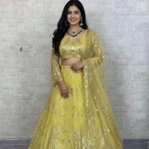 Lahenga Choli Dupatta de Malla Suave Premium con Bordado de Lentejuelas, Cancan, Tela de Lona, Estilo Holgado, Natural, Vintage, Liso, Otoño - Product Image 1