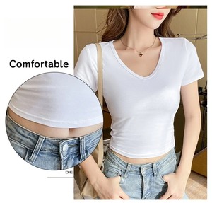 Camiseta de manga corta con cuello en V de algodón de verano para mujer - Product Image 5