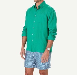 Chemise décontractée d'été pour homme en lin vert olive, manches longues, col rabattu, teinte unie, anti-rétrécissement, séchage rapide, durable, 120g - Product Image 5