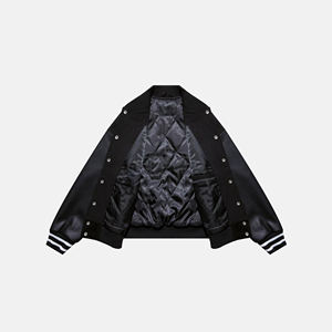 Men's Black PU Slim Varsity Jacket with Satin Lining Stand Collar <b>Covered</b> <b>Button</b> Front Logo Regular Sleeve Casual Winter Wear - Product Image 1