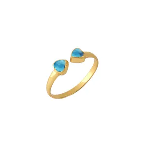 蓝色黄玉石英戒指4毫米心形金黄纯银嵌框套装可调诞生石戒指宝石银戒指