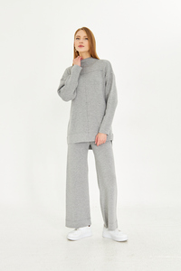 ชุดเสื้อสเวตเตอร์และกางเกง2ชิ้นสำหรับผู้หญิงชุดเสื้อถักแขนยาวเอวยางยืดชุดเสื้อถักขากว้างมีสไตล์ - Product Image 2