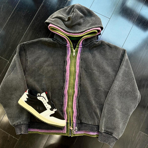 Fabricantes de ropa Sudaderas con capucha de calle con cremallera de lavado ácido pesado personalizado Sudadera con capucha de triple capa con cremallera de alta calidad - Product Image 3