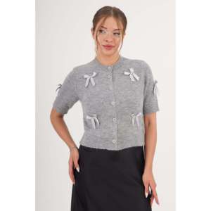 Cárdigan de Punto Gris de Manga Corta para Mujer al por Mayor con Lazo Elegante y Detalle de Cinta para Uso Diario - Product Image 5