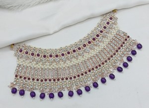 Luxury Purple Stone <b>Pearl</b> <b>Choker</b> <b>Necklace</b> Set with Earrings & Maang Tikka for Bridal & Party Wear - Product Image 6