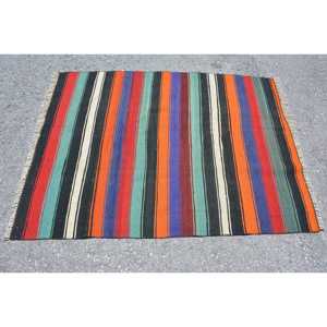 Vintage Rug, 3.8x4.9 ft Accent Rug, <b>Red</b> Blue Kilim <b>Wool</b> Rug - Product Image 3