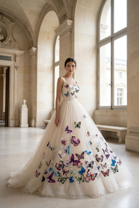 Tissu en tulle brodé de dentelle en polyester, motif papillon ombré multicolore métallisé, couleur ivoire, pour doublure de vêtements de mariage, de danse et de maillots de bain - Product Image 2