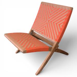 Custom Weather Resistant Hand-Woven Teak Wood Folding Lounge <b>Chair</b> Outdoor Portable <b>Deck</b> Geometric Orange Rope Weaving Pattern - Product Image 1