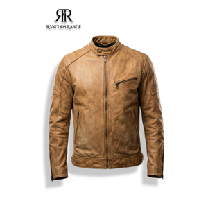 Chaqueta de Motociclista Estilo Café Racer Vintage para Hombre, Hecha a Mano, de Piel de Oveja Color Bronceado Desgastado, Corte Ajustado - Product Image 1