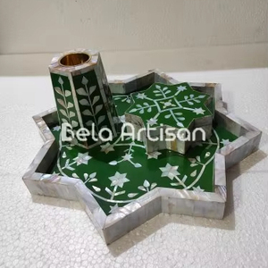 Ensemble de brûleurs Bakhoor en acier inoxydable, incrustation de nacre aromatique écologique, édition étoile florale vert émeraude - Product Image 1