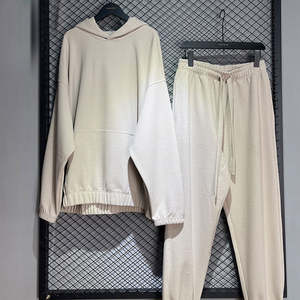 Jersey de peso pesado para hombre, chándal de algodón tejido con gofres, sudaderas con capucha y pantalones de chándal sólidos, conjunto de dos piezas para correr de primavera - Product Image 2