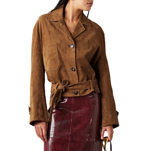 Chaqueta Bomber de ante marrón para mujer, manga larga con botones, cómoda y elegante, prendas de vestir exteriores personalizadas, patrón a cuadros, característica transpirable - Product Image 2