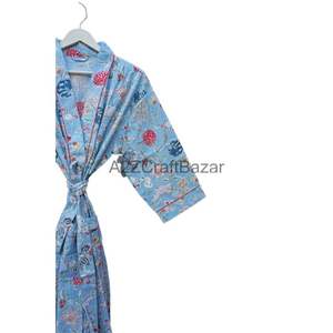 Women's <b>Lightweight</b> 100% Cotton Bathrobe 3/4 Sleeve V-Neck Kimono Pockets Floral Print Knee-Length Vintage Summer <b>Dressing</b> <b>Gown</b> - Product Image 3