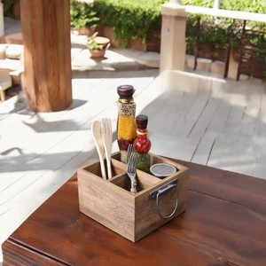 Handcrafted Mango <b>Wood</b> Cutlery Holder With Metal Handle And Compartments Perfect For Dining Table Kitchen And Countertop Storage - Product Image 2
