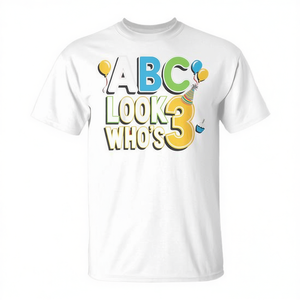 Maglietta di compleanno con alfabeto per bambini di 3 anni, design 'ABC Look Who's Here' per regali e feste personalizzati - Product Image 3