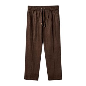 Classic Brown Linen Pants Featuring Varnished Wood <strong>Stopper</strong> <strong>Drawstrings</strong>, Versatile Design, and Breathable Fabric